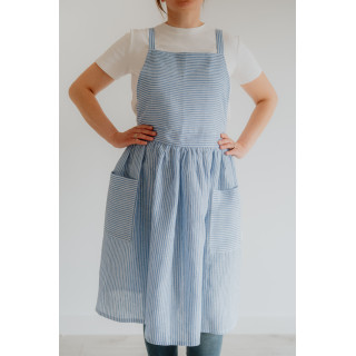 Lniany fartuch francuski (niebieskie paski)