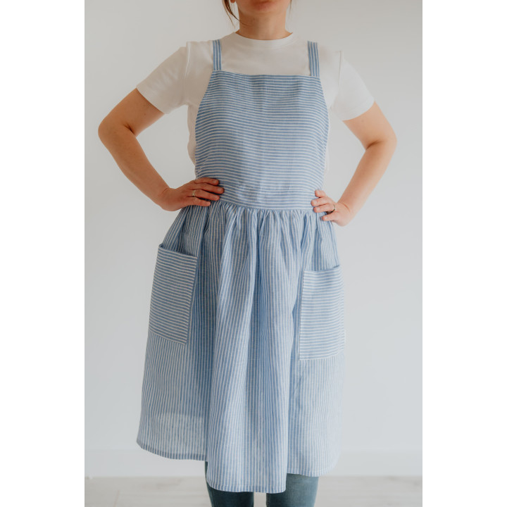 Lniany fartuch francuski niebieskie paski