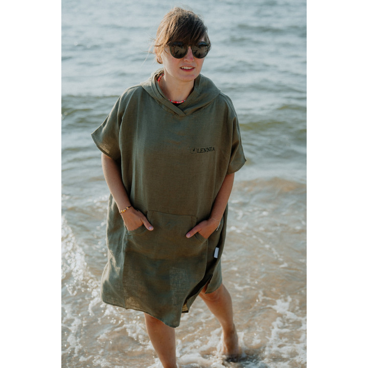 Ponczo lniane (oliwkowy) - rozmiar SMALL